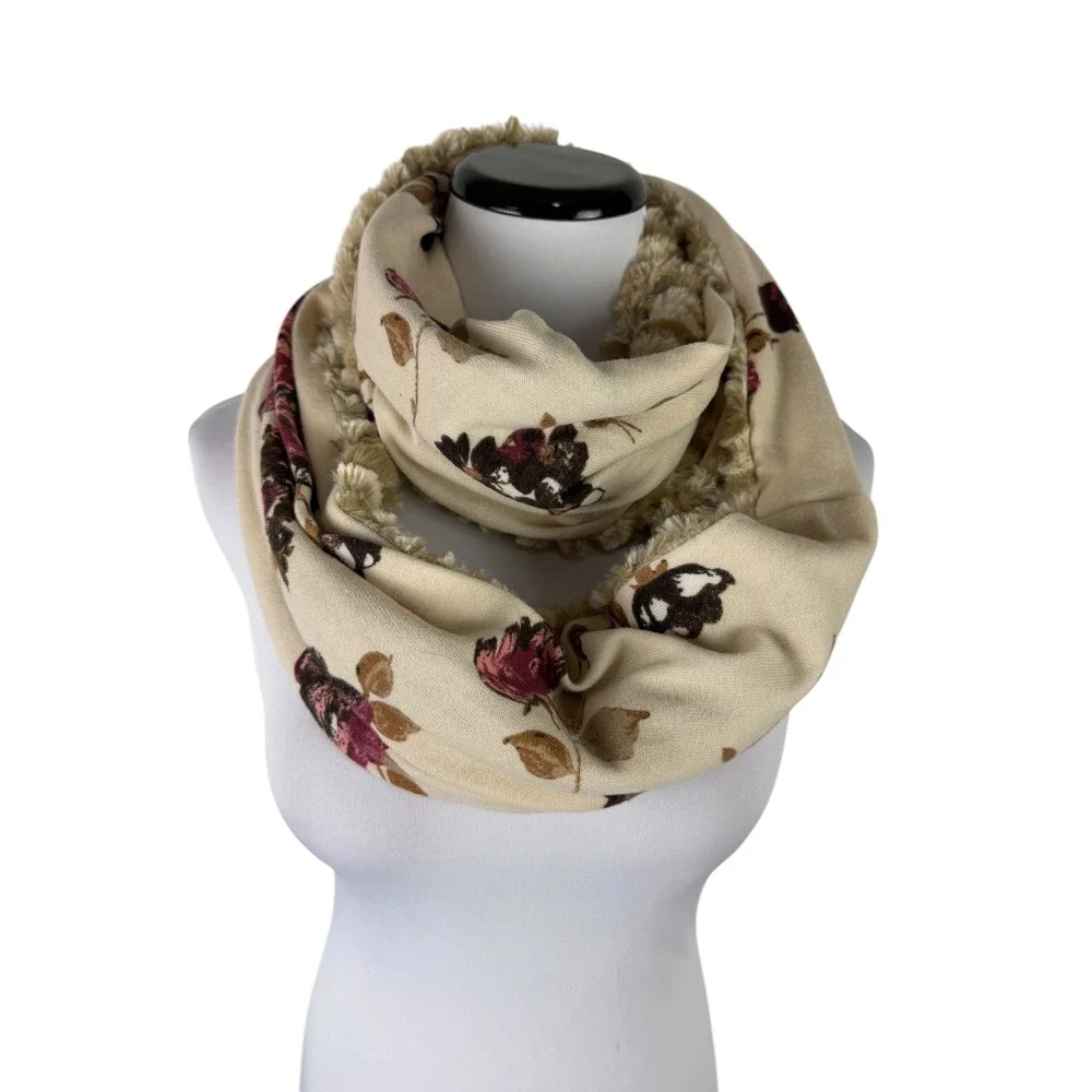 Reversible‎ Faux Fur Infinity Scarf Floral Tan Cream Burgundy Circle Wrap